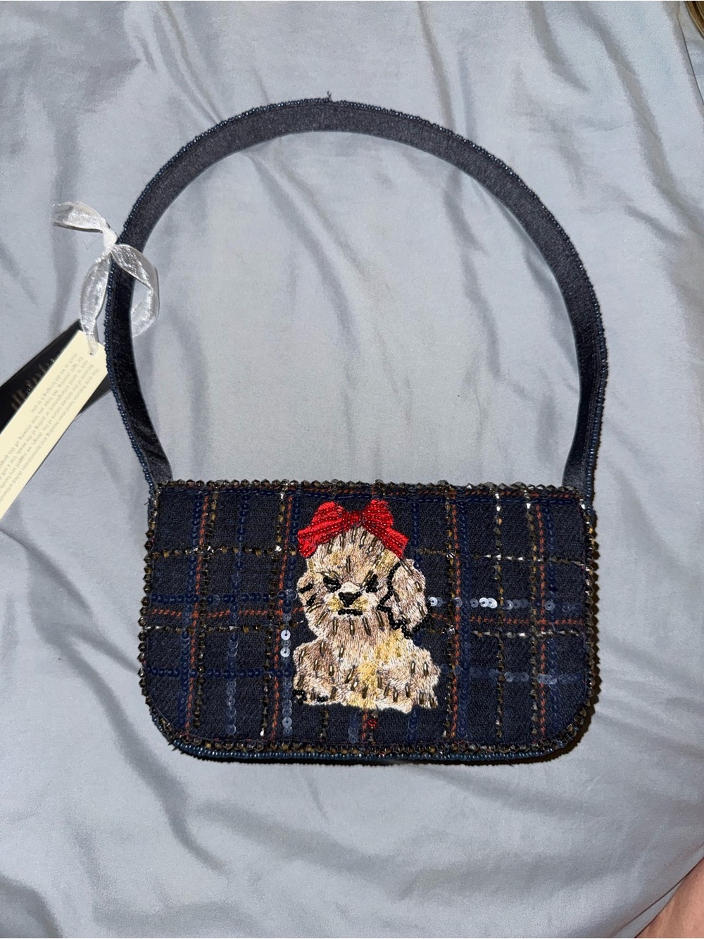 Beaded and Velvet Dog with Red Bow Shoulder Bag Handmade in India New with Tags